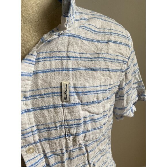 Ben Sherman Men's striped linen button up shirt Large Blue white - Picture 3 of 7